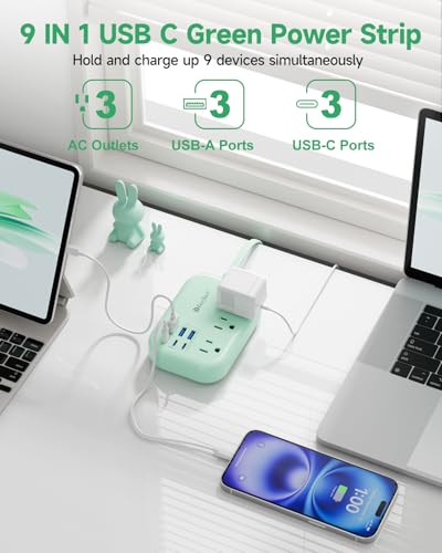 Beeiker 789 Extensión Verde con 3 Tomacorrientes y 6 Puertos USB (3 USB C) Cable de 1.52 m miniatura 3