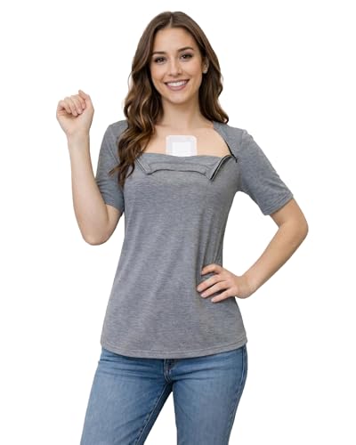 Youdiao Chemo Shirts for Port Access Women Post Shoulder Surgery Shirts with 2 Hidden Side Zippers Short Sleeve Tear Away Tops Adaptive Clothing Grey M