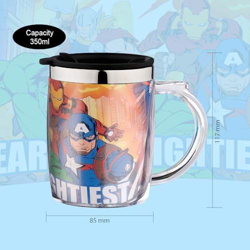 Image of SKi Homeware Double Wall Inner Stainless Steel Tea,Coffee, Milk Mug With Handle And Lid For Kids Cherry Mug (Avengers), 350 ML