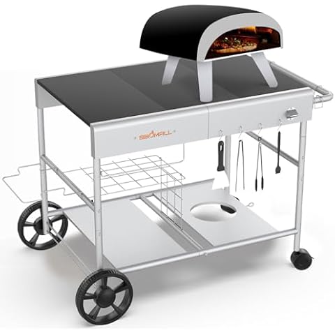 BBQMall Upgraded Pizza Oven Cart Table for Ooni Koda/Karu/Fyra 16 & 12, Movable Thicken & Widen Rolling Kitchen Cart, Outdoor Grill Stand for Ninja Woodfire,Blackstone Griddle,Carts with Wheels Cover