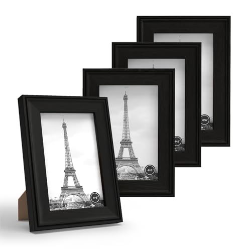 Image of iRahmen 4x6 Picture Frame Set of 4, Black Rustic Retro Photo Frame with Real Glass, Wood Farmhouse Style 4 x 6 Picture Frames for Wall Mount and Tabletop Display