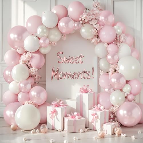Image of Pink and White Balloons Arch Kit, Double Stuffed Pearl Pink White Sand Balloons Light Pastel Pink Beige White Balloons Garland Kit for Birthday Valentine's Day Bridal Shower Wedding Party Decor