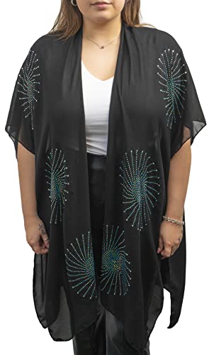 Jessica Mcclintock Womens Sun Swirl Rhinestone Cardigan Beach Cover Up Swimsuit Sheer Kimono Lightweight Fasion Travel Shawl Loose Casual Fit (Black/Multi) #TOP6
