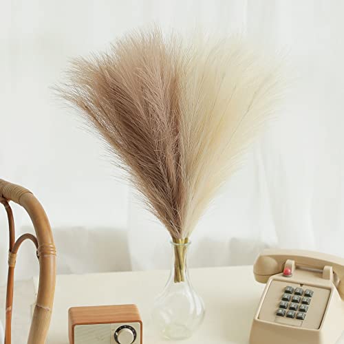 Brown Beige Faux Pampas Grass Decor, 6 Stems(3 Brown +3 Beige)-18'' Small Short Artificial Taupe Cream Pompous Grass Pampass Fluffy Fake Pompass Grass Branches Dried Plants Boho Flowers Floral Bulk #TOP5