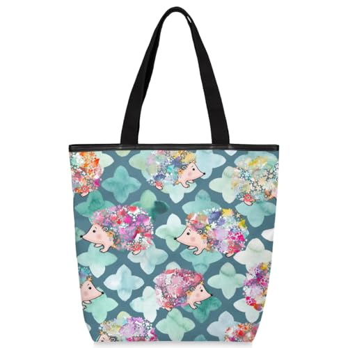 Watercolour Flower Hedgehog Canvas Tote Bag with Zipper and Pockets Canvas Tote Shopping Bag Women Reusable Grocery Bag for Beach Travel Gym Shopping