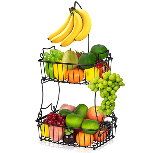 Mutool Obstschale, 2-stöckiger Obstkorb mit Bananenaufhänger, Metall, Obstschalen, Küche, Arbeitsplatte, Obstregal, Gemüse, Schüsseln, Eiern, Brot Cover