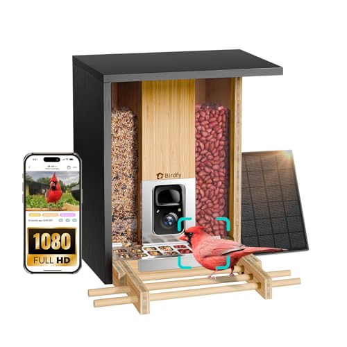 Birdfy Smart Bird Feeder with Camera & Metal Guard, Solar Powered, Permanent AI Identify 6000+ Bird Species & Auto Record 1080P Video, Upgraded Durable Bamboo Wood, Ideal Gift BamG AI lifeti