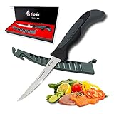 Cipsir Meat and Fish Fillet Knife - Curved salty water resistant german 5 inch steel blade with sheath, sharpener and gift box, ideal for filleting and deboning indoor or outdoor (5 Inch)
