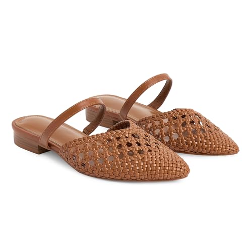 Image of Mesh Mules for Women Comfy Raffia Woven Strap Closed Pointed Toe Mule Flats Casual Slip on Dress Slides Flats