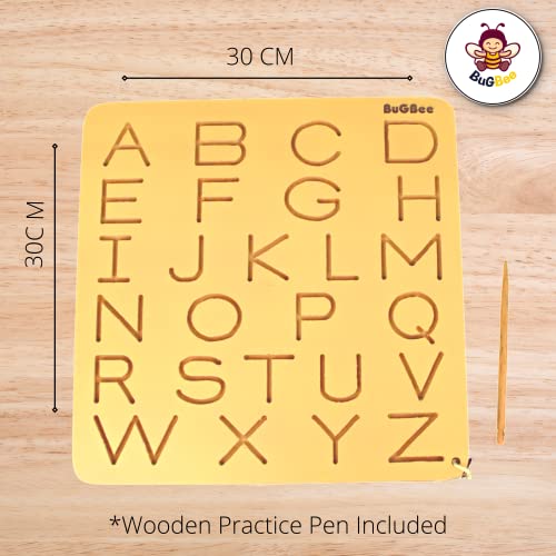 Image of BuGBee Alphabet tracing Board Capital ABC Wooden Slate | Montessori Materials Educational Puzzle Toys for 2+ Years Old Kids | Safe & Natural ABCD Board to Develop Memory & Writing Skills