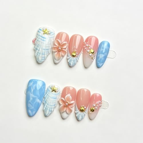 Bopcool Fresh Summer Blue Medium Almond Handmade Press On Nails