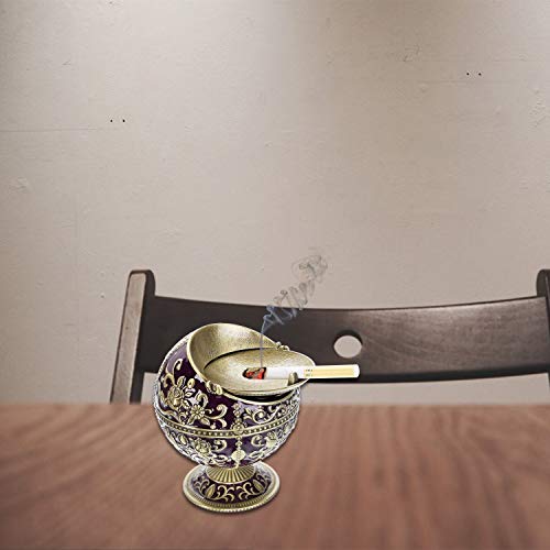 LAUYOO Windproof Ashtray with Lid for Cigarettes Metal Portable Cigar Ashtray Odor Eliminator for Indoor outdoor Hand Stamped Rose Pattern with Sparkle Fancy Gift for Men Women (Dark Purple-Bronze)