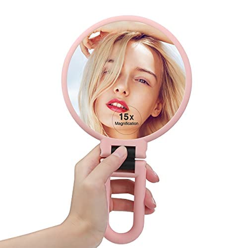 Miniatura 6 de Espejo de aumento 15X, espejo de mano, espejo de maquillaje pequeño de doble cara con aumento de 1 x 15X, mango ajustable, espejo de viaje de