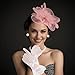 CURASA 4PCS Fascinators Hat For Women Flower Tea Party Hat With Lace Gloves Pearl Necklace Earrings Pink Feather Hats 1920s Cocktail Wedding Church Headwear Elegant Headpiece Jewelry Set