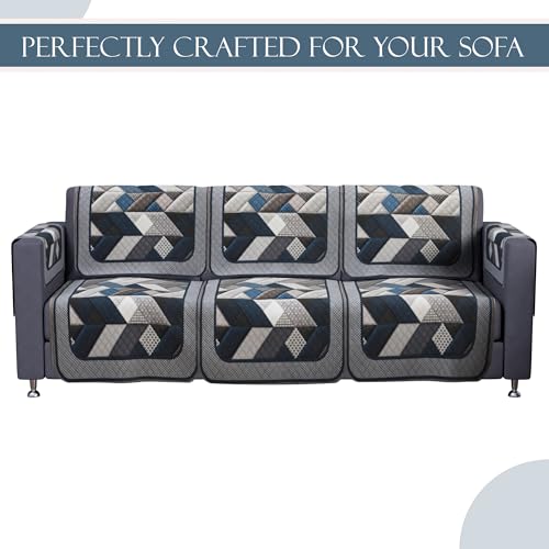 Image of Kuber Industries Set of 16 Velvet Anti-Skid Sofa Cover 5-Seater with Arm Cover | Comfortable Slipcover Sofa Cloth & Furniture Protector for Home Decor | Triangular-Grey & Blue