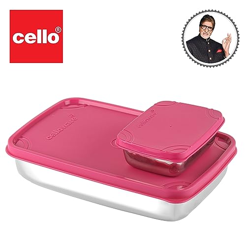 Image of CELLO Max Steel Lunch Box, 2 Units, Pink | Stainless Steel Lunch Box with Inner Veg Box | Tiffin Box with Air-Tight Lid | Ideal for Office and School for Healthy Meal Storage, Big