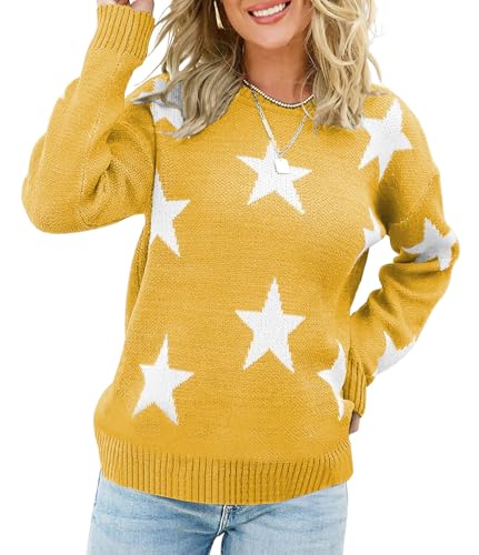 Image of ebossy Women's Sweet Cute Star Graphic Long Sleeve Artistic Aesthetic Cable Knit Sweater Pullovers