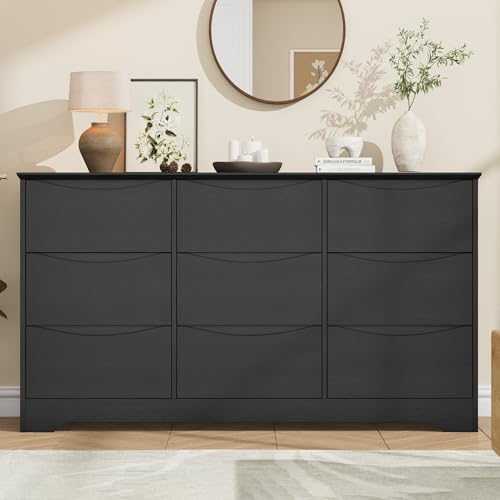 Garvee Wooden Dresser with 9 Drawers, Tall Modern Closet with Deep Storage, Large Chest of Drawers with Wide Top, Long Storage Dresser for Bedroom, Living Room, Hallway, Kids Room, Black Bla