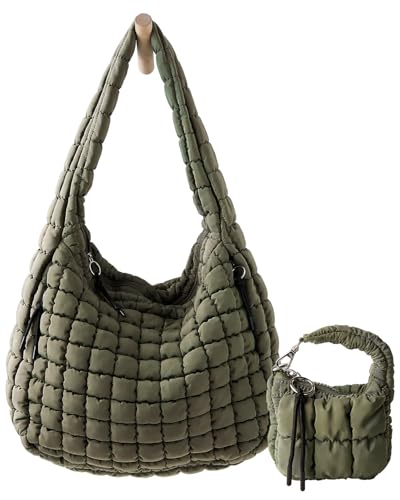 Image of Large Quilted Puffer Tote Bag for Women with Mini Pouch Puffy Crossbody Bags Purse Hobo Puff Shoulder Carryall Gym Travel