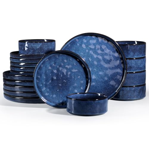 Homikit Dinner Sets for 6 People, 18-Piece Reactive Glaze Dinnerware Stoneware Set, Kitchen Plates and Bowls for Home Dinner Camping, Scratch Resistant, Dishwasher & Microwave Safe, Nebulas Blue