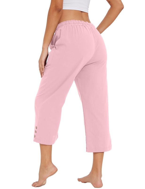 Womens Capris Pants High Waist Drawstring Comfy Casual Lightweight Loose Trousers Buttons Trim with Pockets3