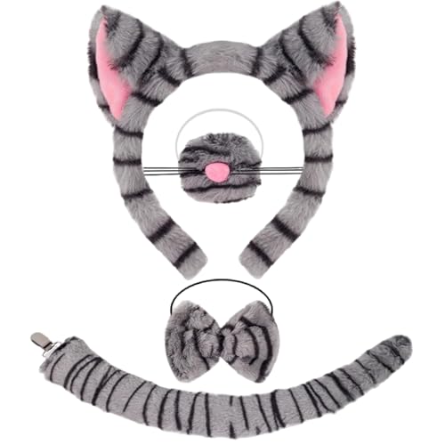 Dazzroi 4Pcs Cat Costume Accessories Set Funny Animal Cosplay Set Includes Furry Cat Ears Headband Nose Tail Bow Tie Cats Fancy Dress Kit for World Book Day Halloween Party Carnival