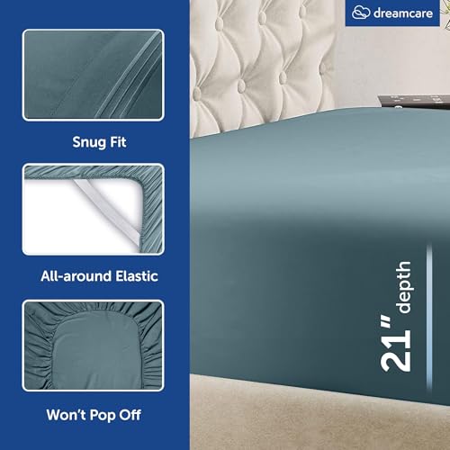 Image of DREAMCARE Queen Sheet Set - 4 pcs Breathable Cooling Sheets - up to 21 inch Extra Deep Pocket Queen Sheets Set with Side Pockets - Extra Soft 100% Brushed Hypoallergenic Hotel Luxury Bedding -Mineral Blue