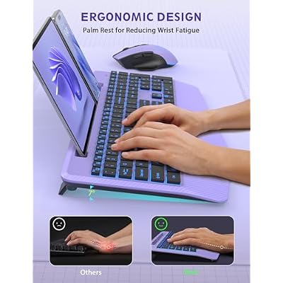 Wireless Keyboard and Mouse Backlits, Wrist Rest, LED Mouse, Rechargeable Ergonomic Keyboard with Phone Holder, Silent Light Up Combo for Computer, Mac, PC, Laptop, Chromebook (Purple)