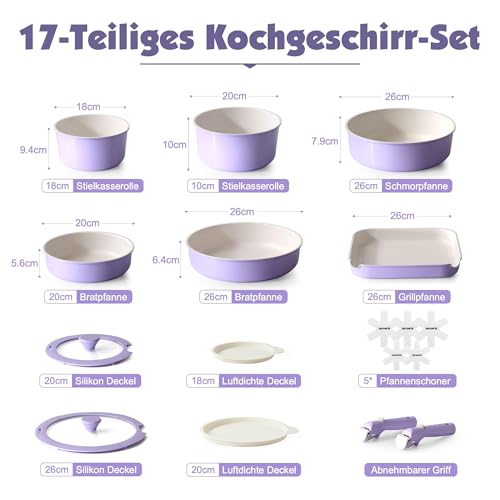 SENSARTE 17Teiliges Keramik Antihaft-Kochgeschirrset mit Abnehmbare Griffe – Ansicht 2