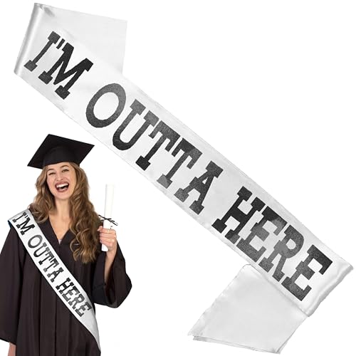 Graduation Sash for Men or Women - PREMIUM GRADE SATIN Black I’m Outta Here! White Sash - UNISEX Grad, Going Away Party Decorations - White Sash(BLK Outta Here) WHT