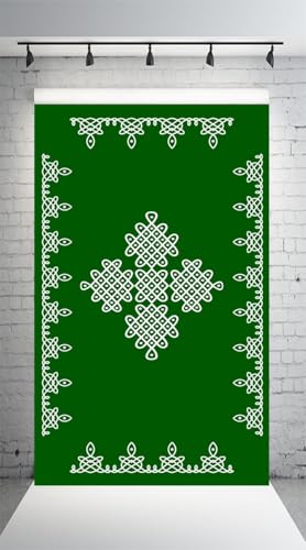 Image of DHARA CREATION Green Rangoli Kolam Backdrop Cloth for Pooja - 8ft x 5ft, Ideal for Pooja, Religious Ceremonies, and Home Decor. Washable Fabric