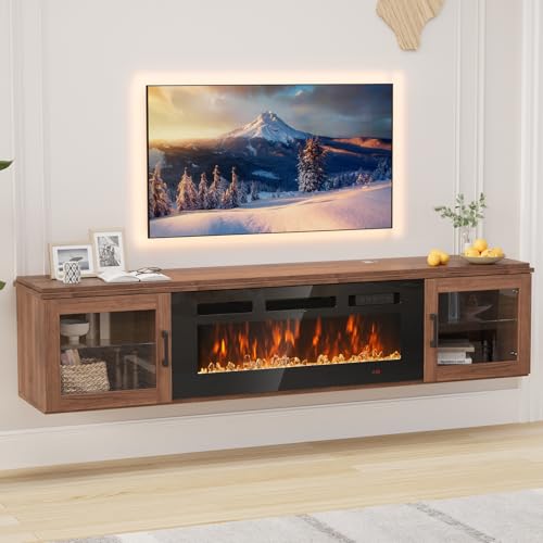 Nordivale 70' Floating TV Stand with 36' Electric Fireplace, High Gloss Finish Wall Mounted Fireplace Entertainment Center with Storage for TVs Up to 80', Fireplace TV Console with WI-FI Enabled,Brown