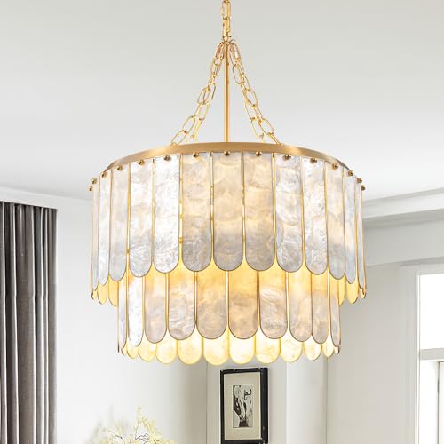 WeibathModern 5-Light Shell Chandelier, 2-Tiered Faceted Pendant Light with Gold Metal Frame, E26 Lighting Fixture for Dining Room, Bedroom, Living Room