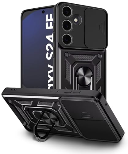 Image of WOW IMAGINE Tough Armor Bumper Mobile Back Case for Samsung Galaxy S24 FE 5G | Sliding Camera Shield Cover | Shock Proof 360 Protection | Hybrid PC + TPU | Ring Holder with Kickstand - Black