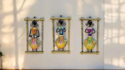 Image of SHREE 'O' GREEN TECH - Multicolor Metal Iron Musician Wall Hanging Showpiece Frame Handcrafted Rajasthani Lady Figurine Decorative Wall Mount Art for Home, Living Room Office Decor