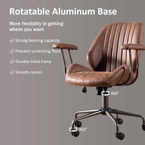 Image of Mid Back Home Office Chair, Mid Century Modern Leather Computer Desk Chair, Comfy Executive Rolling Swivel Task Chair with Wheels Armrest Height Adjustable,Dark Brown