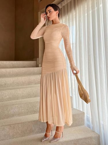 GUYOS Women's 2024 Midi Dress Long Sleeve Round Neck　Solid Slit Thigh Dress4