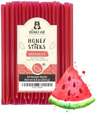 The Honey Jar Watermelon Flavored Honey Sticks - Pure Honey Straws For Tea, Coffee, or a Healthy Treat - One Teaspoon of Flavored Honey Per Stick - Made In The USA with Real Honey - (50 Count)