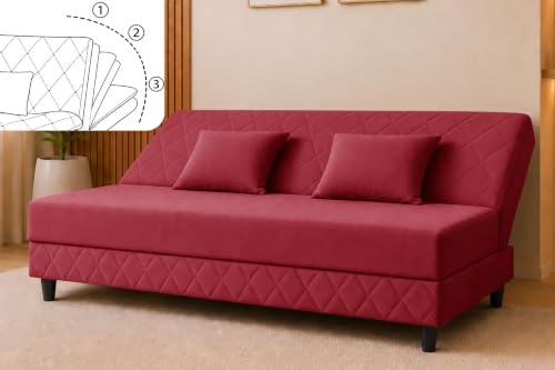 Image of Velvet Fabric Sofa Cum Bed | 3 Seater Sofa Bed | Premium Upholstered Folding Couch for Living Room, Guest Room & Bedroom | Quilted Backrest with 2 Cushions (Red)