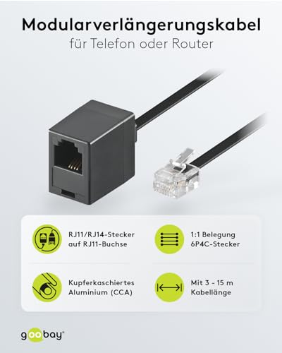 Goobay 68260 Modularanschlusskabel 6 Meter, Schwarz , RJ11/RJ14-Stecker (6P4C) auf RJ11-Buchse (6P4C)