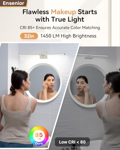Image of Ensenior Modern Brushed Nickel Bathroom Vanity Light 32 inch, Built-in Dimmer, 1450LM Dimmable 5CCT Led Bath Lights, Bar Vanity Light for Bathroom Mirror Cabinets Bedroom-FCC & ETL Certificated