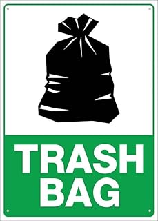 Trash Bag Warning Sign - 8"x12" Vintage Metal Tin, Office Break Room Decor, Waste Management, Trash Disposal Marker