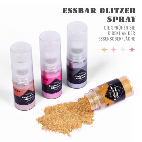 Essbares Glitzer Spray 5g x 4 Farben Lebensmittel Glitzer für Getränke, Glitzerpulver Spray Geschmacksneutrales Lebensmittelfarbe Pulver, Glitzerpuder für Torten, Champagner, Kuchen, Fondant, Cocktail