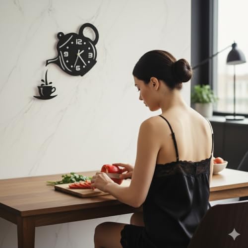 Image of Designer Wooden Wall Clock | Unique Teapot Shape Wall Clock for Home, Kitchen, Living Room & Office | Decorative Modern Acrylic Wall Clock (Black)