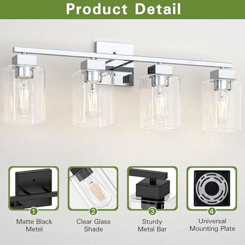 Image of 4 Light Bathroom Vanity Light - Chrome Bathroom Light Fixtures Square Design & UL Certification, 26 inch Square Bath Room Lights Over Mirror, Vanity Lighting Fixtures for Living Room & Bedroom