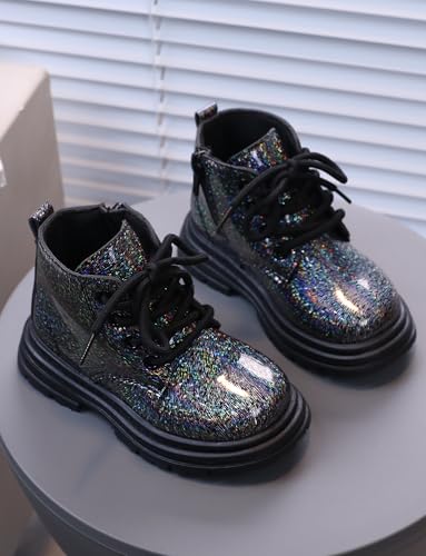 SEAUR Ankle Boots for Kids Patent Leather Waterproof Boots with Zipper Boys Girls Lace up Non-slip Short Ankle Shoes Size 5-102