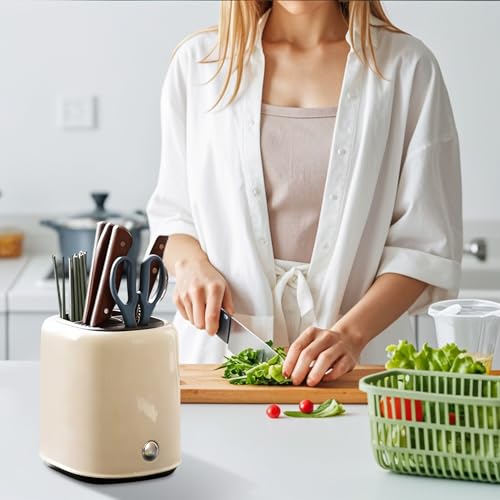 Image of Tissting 2-in-1 Knife Block & Utensil Holder, Countertop Organizer | Drainage Base | Space Saving | Kitchen Storage | Knives & Forks & Chopsticks (Beige)