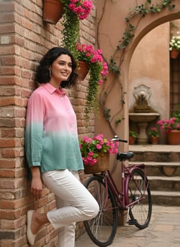 Image of Maaesa Women Handmade Ombre Tie & Dye Rayon Shirt | Relaxed Fit | Lightweight & Breathable | Long Sleeve Button-Down | Classic Collar | Casual & Office Wear