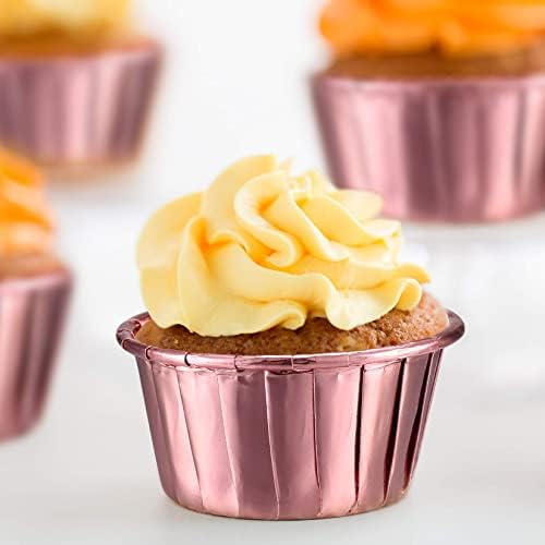 100 Pcs Cupcake Cases Liners, Mini Foil Cupcake Muffin Baking Liners Cases, Cupcake Paper Cups Foil Metallic Wrappers for Muffins, Candies, Birthday, Wedding, Holiday Party - Rose Gold
