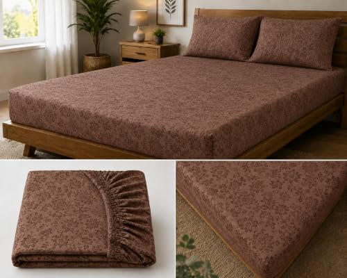 Image of Fitted Bedsheet Brown 3D Floral Print Glace Cotton 210 TC | Full Single Size for Single Bed Fits 4 x 6.25 ft Mattress (48 x 75 Inch) | All Around Elastic | 2 Pillow Covers | 7 Inch Deep Pocket